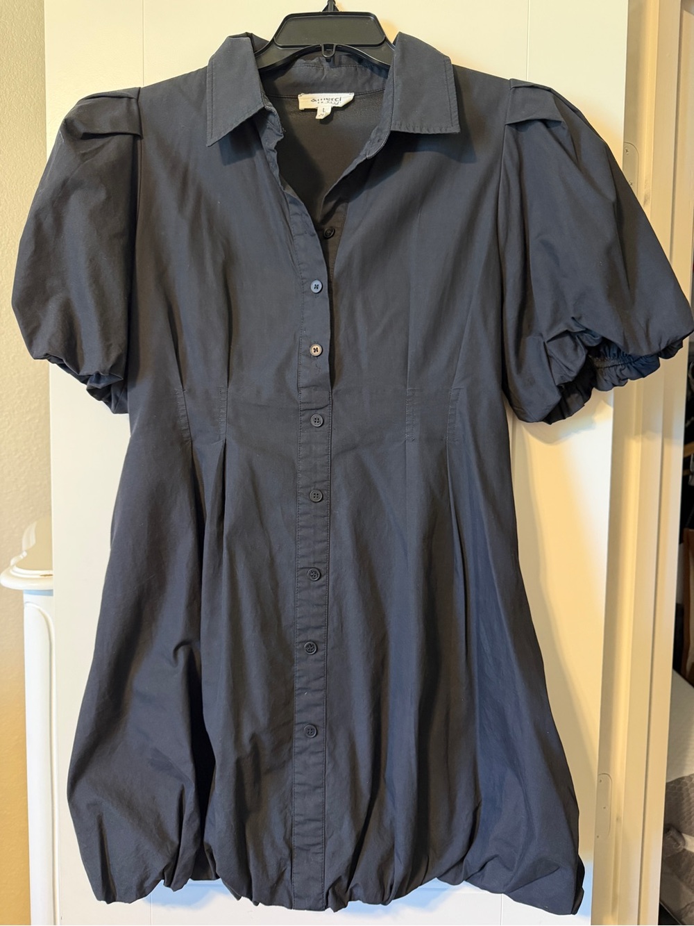 Black Puff Sleeve Button-Front Dress